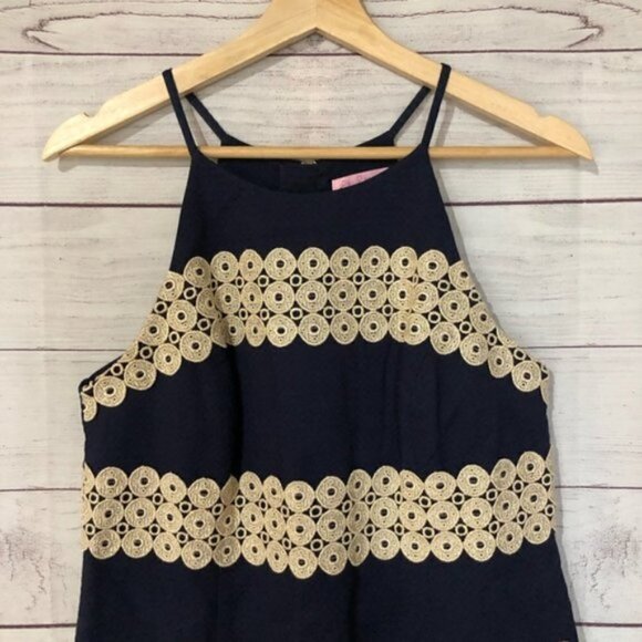 Lilly Pulitzer Preppy Annabelle Navy & Gold Embroidered High Neck Shift Dress 4 - Picture 4 of 7